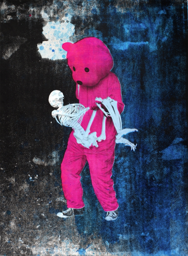 Paul Robinson's Pink Bear Limited edition Screen Print featuring a skeleteton - Luap Studios - The work was selected by Cara Delevingne for #art4animals