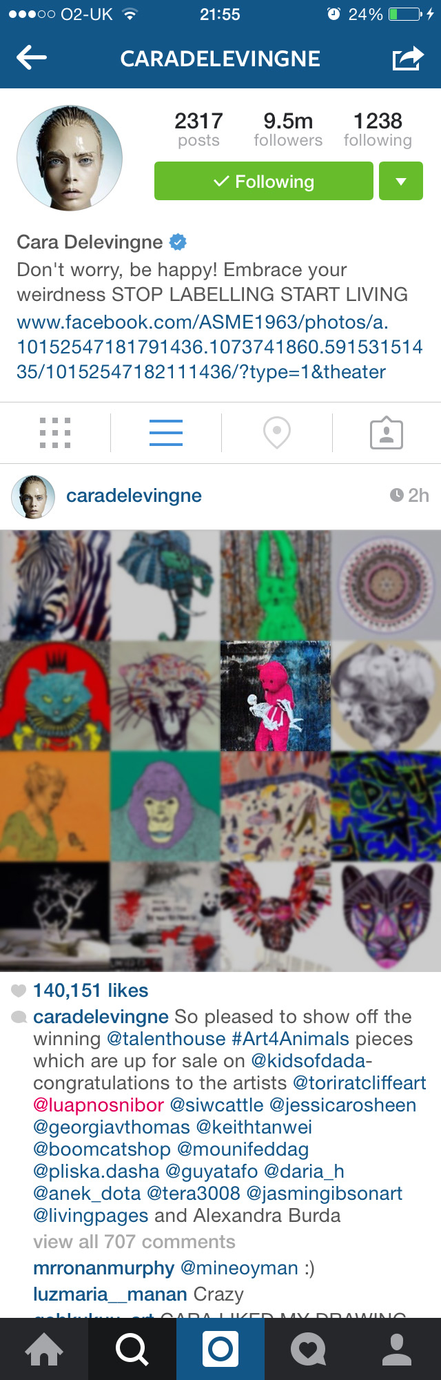 Cara Delevingne's instagram for #Art4Animals