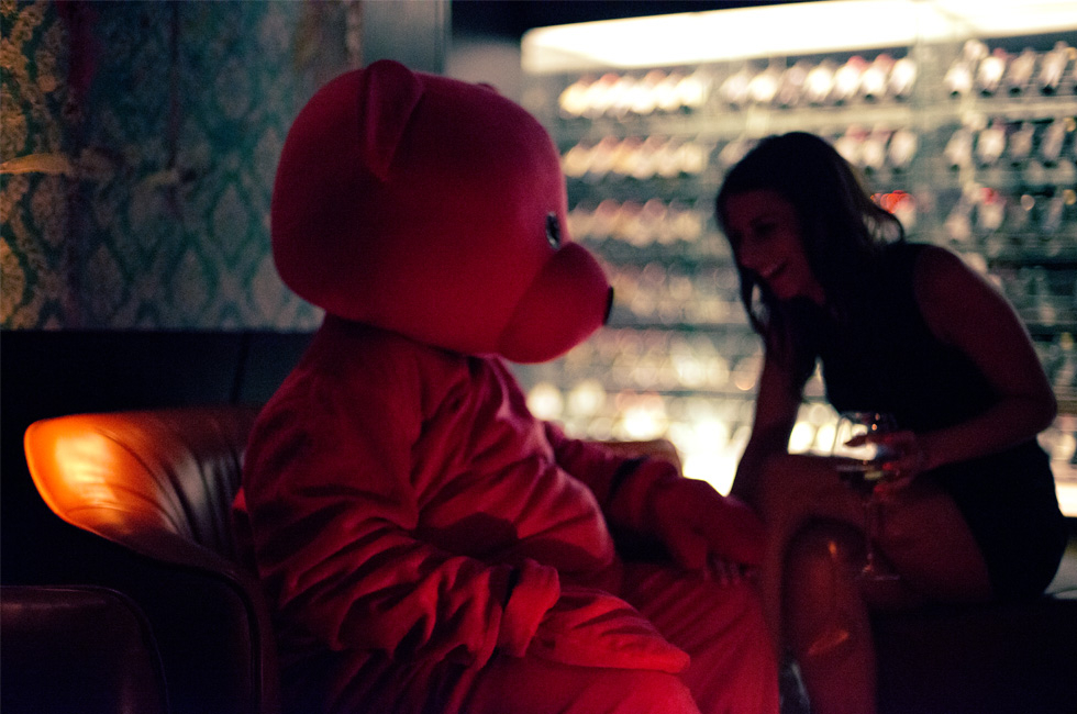The Pink Bear chatting up the ladies at DSTRKT