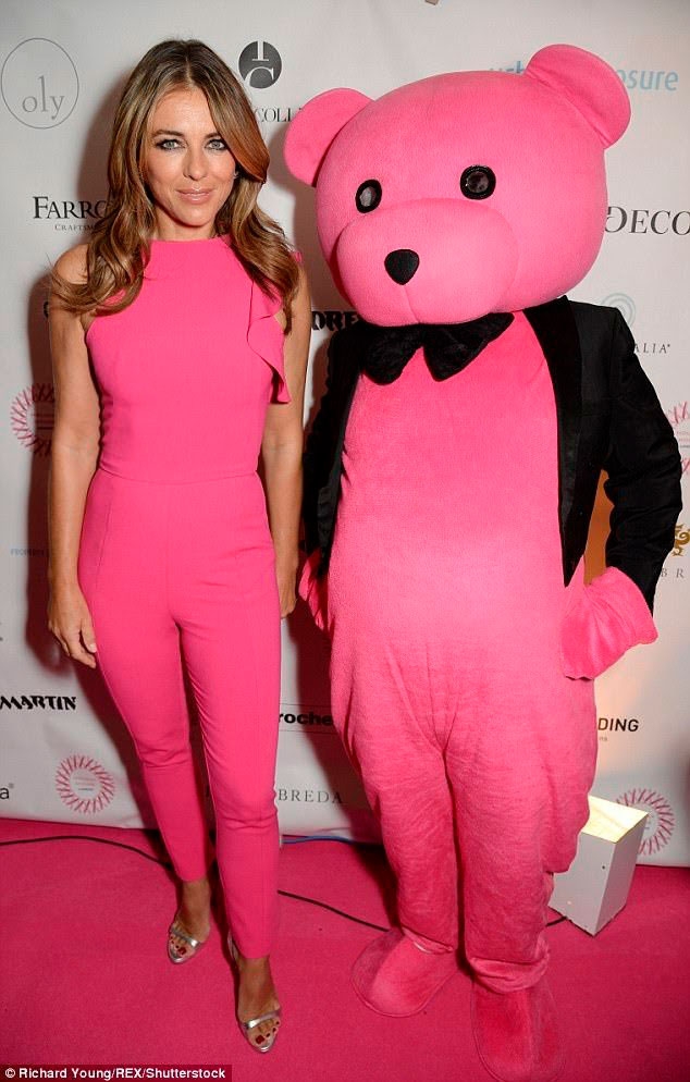 Pink Bear and Elizabeth Hurley colour coordinated at Holiday House