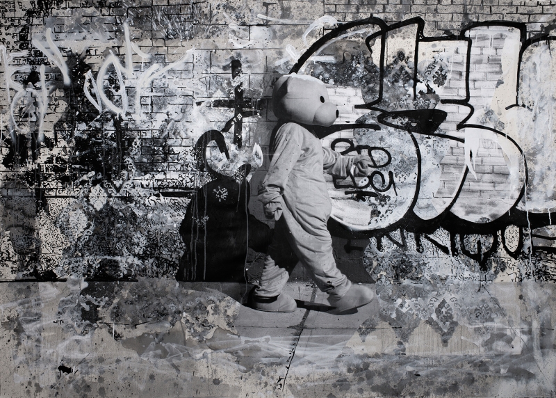 Pink Bear - New York - Acyrlic & Paper collage on Bockingford 300 gsm paper